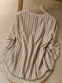 Rosumi 卡其色條紋大尺碼女款鈕扣設計捲袖襯衫，適合春秋穿著 - 彩色 - 查看 2