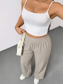 SHEIN Essnce Plus Size Women Solid Color Casual Versatile Daily Wear Long Pants - Khaki - View 4