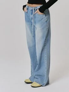 MUSERA Blue Denim Tie Waist Mid Rise Straight Leg Jeans Fall Autumn Winter Coolgirl Style Casual - Light Wash - View 3