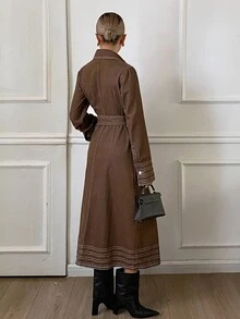 DAZY Women's Long Sleeve Single-Breasted Multi-Pocket Casual Denim Shirt Dress - Brown - View 4