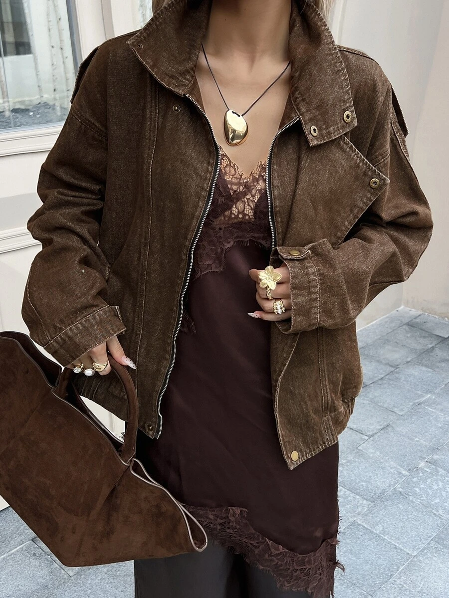 DAZY Women's Zipper Casual Versatile Daily Denim Jacket - Brown - View 1