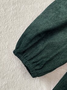 SHEIN 女嬰加厚燈芯絨彼得潘領撞色刺繡圖案前開扣收腰抓褶長袖洋裝，適合冬季 - 墨綠色 - 查看 5
