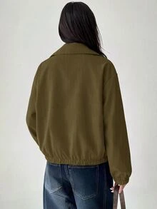 Aloruh Women's Solid Color Long Sleeve Single-Breasted Casual Jacket - Army Green - View 2