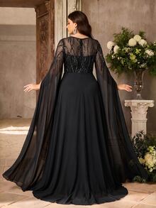 Aureia Plus Size Elegant Glamorous Black Sequin Embroidered Patchwork Chiffon Round Neck Water Sleeve Burnout Print Exquisite Craftsmanship Ruched A-Line Hem Evening Gown Suitable For All Formal Occasions (Heavy Work Design) - Black - View 2