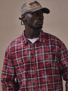 Musero Boxy Fit Acid Wash Check Zip Up Collared Shirt Autum Winter Essentials - Burgundy - View 5
