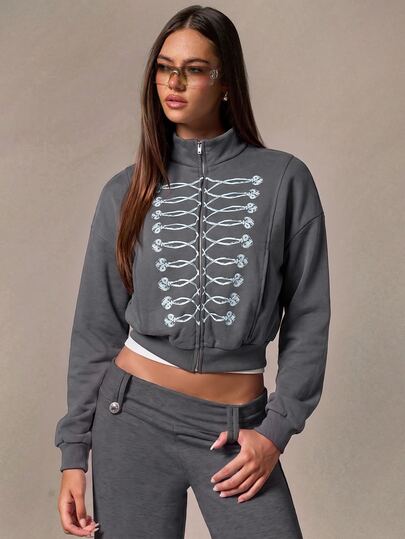 Athîral Women's Casual Stand Collar Long Sleeve Napoleon Military Decor Print Thermal Lined Sweatshirt Jacket, Autumn/Winter Daily Date Party Streetwear