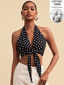 Travachic 女款波點深V領前綁結性感短版掛脖上衣 - 黑色 - 查看 5