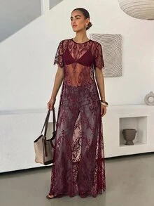 Lavishia 女款圓領短袖透視蕾絲洋裝，蕾絲刺繡透視拍照套裝，黑色花卉，日常優雅派對夜店女裝 - 酒紅色 - 查看 8