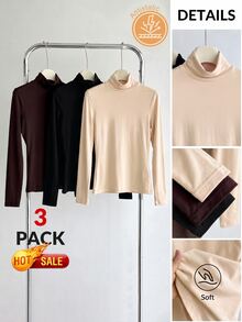 SHEIN BASICS Women's Solid Color Long-Sleeve Mock Neck Casual T-Shirts (3-Pack) - Multicolor - View 1