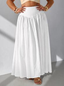 GalTyme Plus Size Minimalist Pleated Loose Long Skirt For Beach Vacation Fall - White - View 5