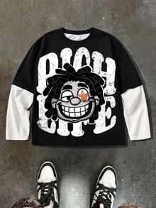 SHEIN 青少年男孩字母卡通圖案 2 合 1 拼接休閒日常長袖 T 恤 - 黑色 - 查看 5