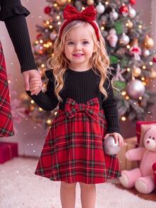 SHEIN Baby Girl Round Neck Long Sleeve Patchwork Plaid Hem Bow Decor Cute Dress - Red - View 2