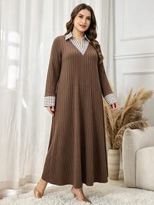 Lacomfia Gaun Kasual Wanita Ukuran Besar Model A-Line Bahu Persegi Motif Polkadot Patchwork Rajut Lembut Longgar - Coffee Brown - View 4