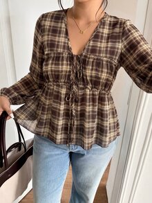 Lounesse Plus Size Women's Plaid Front Tie Long Sleeve Casual Shirt - Brown - View 6