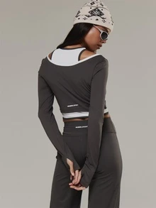 Musera Sport Contrast Colour Piped Double Layered Long Sleeve Coord Top Active Outdoors Workout Gym Terra Peak - Black and White - View 5