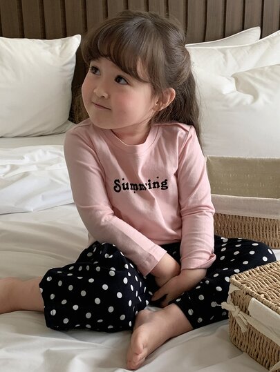 DAZY Conjunto de 2 piezas de camiseta de manga larga y pantalones largos con lunares estilo coreano casual para bebé/niña pequeña, ropa de estar en casa cómoda