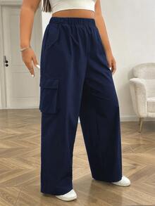 SHEIN EZwear 海軍藍直筒大尺碼女款工裝口袋休閒長褲 - 藏蓝色 - 查看 5