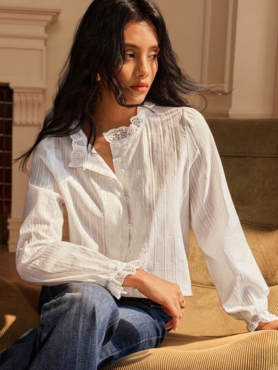 SHEIN Women's French Vintage Romantic Striped Texture White Lace Collar With Embroidered White Cotton Blouse, Brunch Tea Party Autumn Outfits Wedding