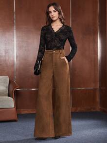 Anewsta Women's Wide Leg Loose Suede Fleece Thickened Long Pants With Pockets - Camel - View 6