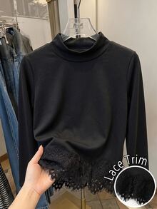 SHEIN 女童純色針織半高領長袖T恤，拼接睫毛蕾絲下擺套頭休閒仙女牛仔風上衣，秋季黑色 - 黑色 - 查看 3