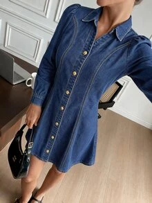 Serisse Women's Single-Breasted Casual Daily Summer Denim Dress - Blue - View 7