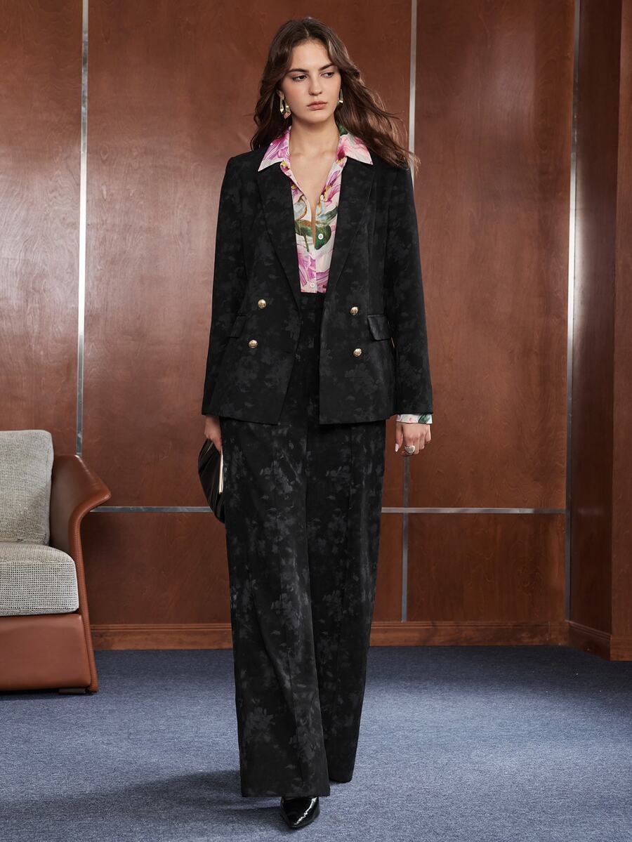 Anewsta Fashionable Maillard Autumn Outfit For Women, Black Printed Blazer Suit Set, Commuter Modern Office Wear, 2 Pieces Set - Black - View 1