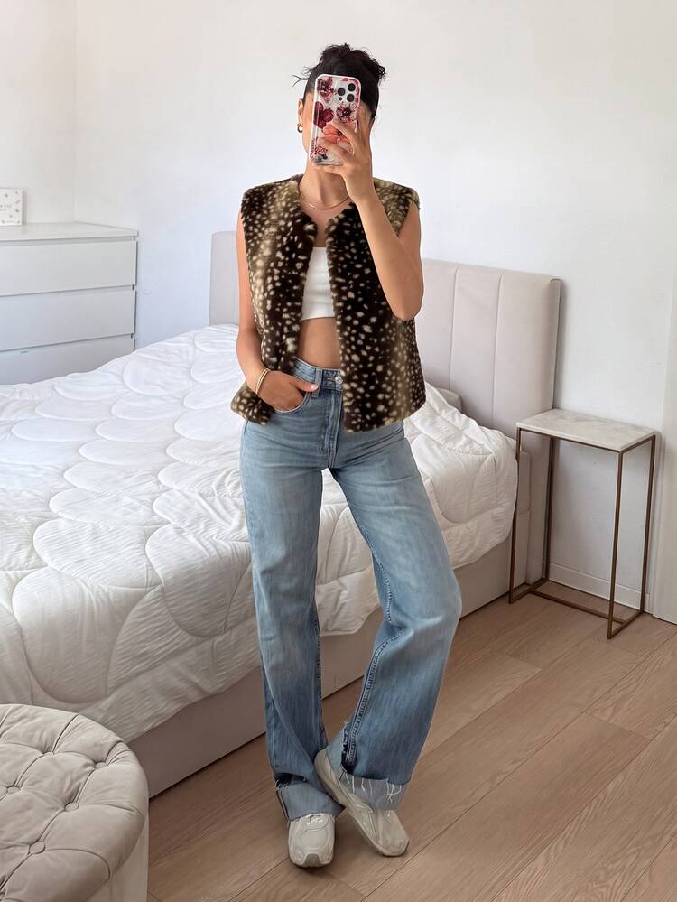 SHEIN EZwear 女款棕色動物印花人造毛皮背心 - 咖啡棕 - 查看 10