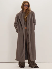 MUSEYN Grey Faux Fur Maxi Coat Versatile Outerwear Everyday Casual Chic New Season Fall - Dark Grey - View 1