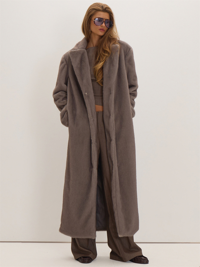 MUSEYN Grey Faux Fur Maxi Coat Versatile Outerwear Everyday Casual Chic New Season Fall