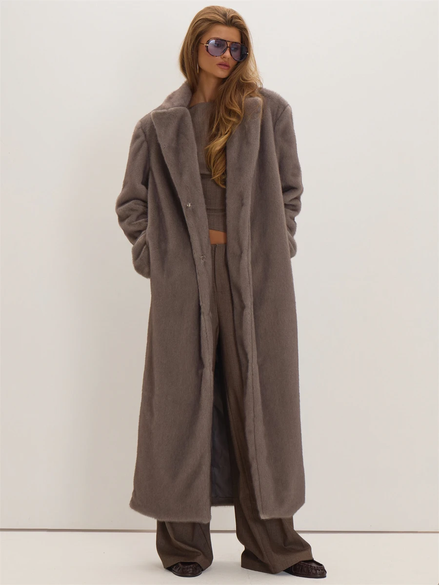 MUSEYN Grey Faux Fur Maxi Coat Versatile Outerwear Everyday Casual Chic New Season Fall - Dark Grey - View 1