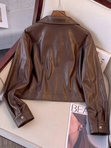 GlowEve CURVE Plus Size Women's Solid Color PU Leather Fashion Versatile Long Sleeve Jacket - Brown - View 2