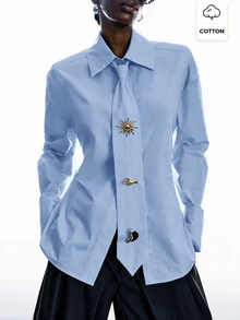 LYSMO Women's Solid Color Casual Versatile Daily Long Sleeve Shirt - Baby Blue - View 1