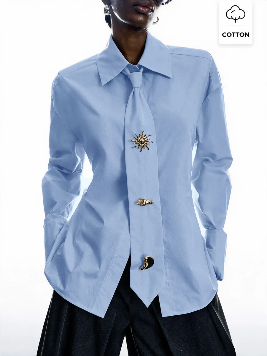 LYSMO Women's Solid Color Casual Versatile Daily Long Sleeve Shirt - Baby Blue - View 1
