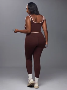 Voyena Women's Plus Size Colorblock Top And Leggings Casual Daily Sports Set - Coffee Brown - View 2