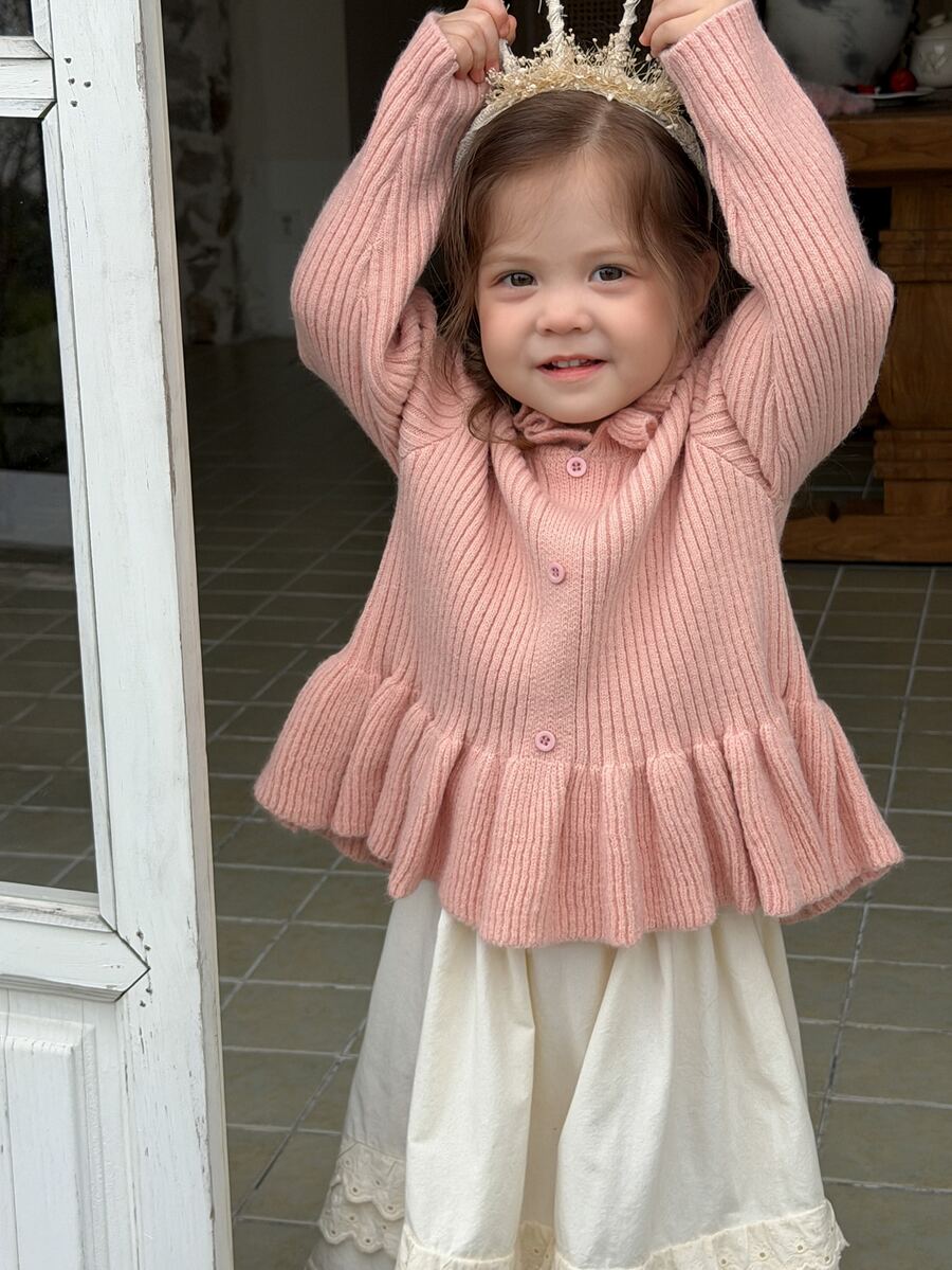 DAZY Infant/Toddler (Girl) Round Neck Long Sleeve Korean Style Ruffle Trim Long Sleeve Autumn/Winter Sweater - Pink - View 1