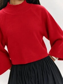 SHEIN BAE كنزة نسائية جديدة بياقة نصف عالية وأكمام راجلان فضفاضة بطول 3/4 بتصميم مريح متعدد الاستخدامات وإطلالة جذابة - Fiery Red - مشاهدة 9