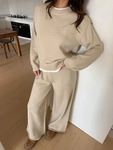 Livesso Women's Solid Color Long Sleeve Top And Pants Knit Two Pieces Set - Beige - View 5