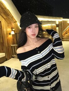 DAZY Women's Striped Off-The-Shoulder Loose Sweater - Black - View 3