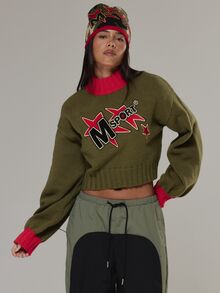 Musera Sport High Neck Contrast Colour Embroidered Logo Balloon Sleeve Cropped Knitted Jumper Active Fall Winter - Army Green - View 2