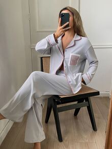 DAZY Women's Colorblock Long Sleeve Top And Pants Casual Daily Home Sleepwear Set - Light Grey - View 11