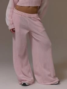 Musera Sport Knitted Ribbed Waist Wide Leg Coord Trouser Cute Girly Autumn Winter Fall Gym Holiday Dainty Ice - Pink - View 2