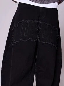 Super Oversized Musero Front Applique Denim Jeans Front Zipper Fastening Autum Winter Essentials - Black - View 5