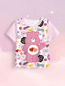 SHEIN X Care Bears Young Girl Heart Cartoon Print Round Neck Short Sleeve Casual T-Shirt - White - View 6