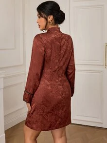 EastFlair Plus Size Women's Elegant Long Sleeve Dress With Frog Button Design And Jacquard Pattern - Rust Brown - View 7