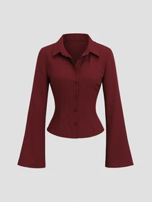 Sweetra Blus Wanita Terbaru Musim Gugur/Dingin, Modis, Kasual, Serbaguna, Warna Polos, dengan Desain yang Mengencangkan Pinggang, Cocok untuk Jalan-jalan, Bersosialisasi, Bepergian, dan Kencan. - Burgundy - View 4