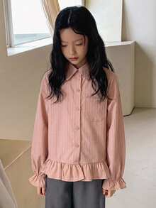 Dazy Kids 女童休閒條紋長袖寬鬆基本款襯衫 - 粉色 - 查看 3