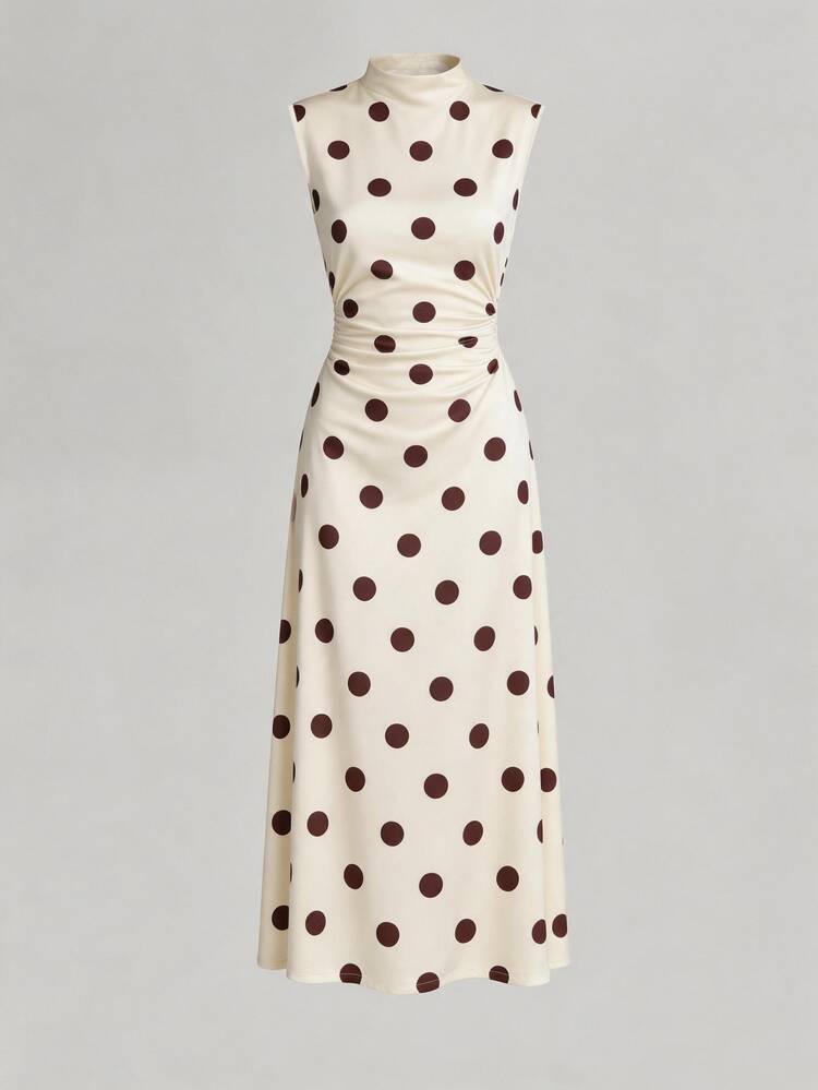 Firerie New Minimalist Elegant Romantic Date Daily Commute White Small Stand Collar Sleeveless Ruched Waist A-Line Maxi Dress - Apricot - View 5