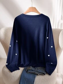 CosyJoli 女款大尺碼心形刺繡基礎開襟衫 秋冬款 - 藍白色 - 查看 2
