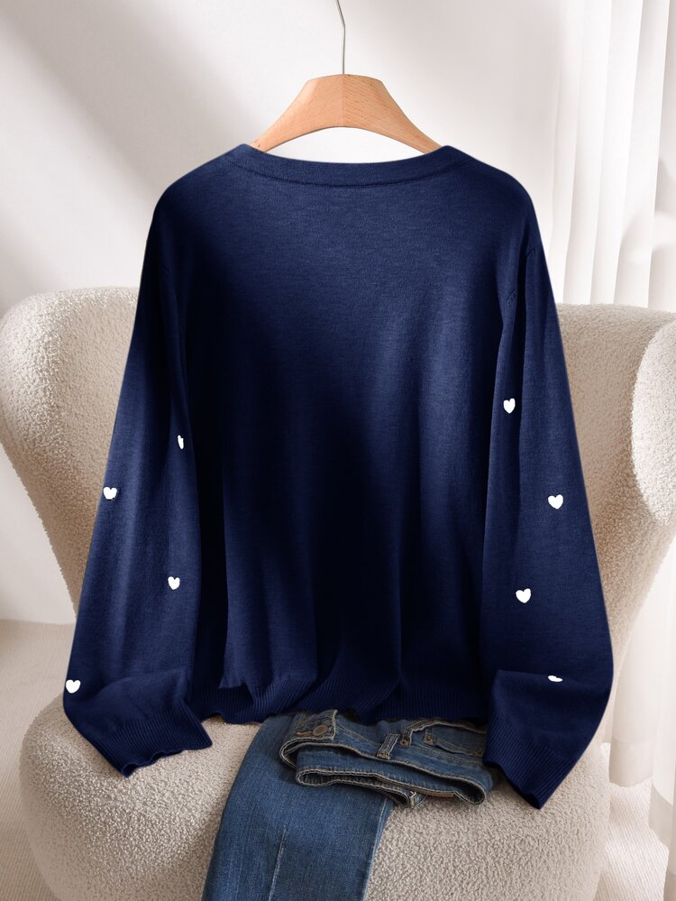 CosyJoli Women's Plus Size Heart Embroidery Basic Cardigan Winter Fall - Blue and White - View 2