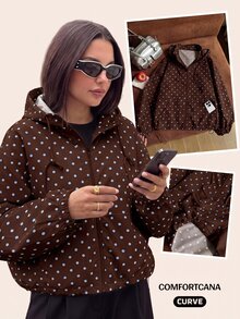 Solflare Polka Dot Print Hooded Casual Plus Size Jacket Autumn Fall - Mocha Brown - View 5